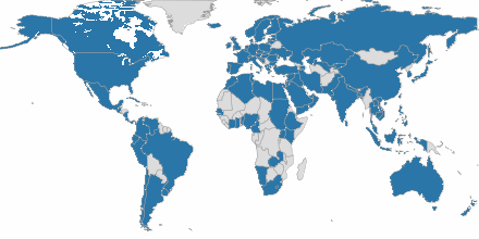 world map highlighting the over 100 countries that have hosted OpenConf-powered events