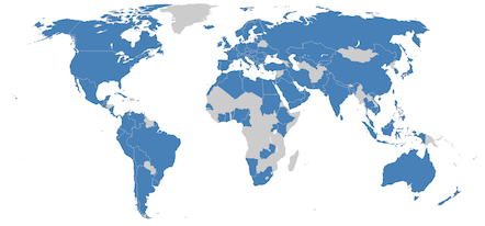 world map highlighting the over 100 countries that have hosted OpenConf-powered events